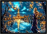 Grafika, Kobieta, Drzewa, Kot, Wieża Eiffla, Rzeka, Sekwana, Most, Światła, Paryż, Francja