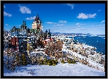 Kanada, Quebec, Zamek, Chateau Frontenac, Rzeka Świętego Wawrzyńca, Wybrzeże, Domy, Zima