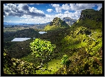 Góry, Jeziora, Zielone, Drzewo, Chmury, Wyspa Skye, Osuwisko, Quiraing, Szkocja