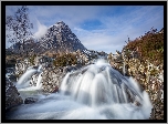 Szkocja, Region Highland, Dolina Glen Coe, Rzeka Coupall, Szczyt Buachaille Etive Mor, Góry, Skały, Drzewa, Rośliny