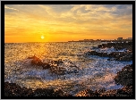 Morze, Skały, Zachód słońca, Plaża Elie Beach, Miejscowość Elie, Szkocja