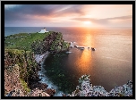 Morze, Wybrzeże, Latarnia morska, Stoer Lighthouse, Skały, Wschód słońca, Szkocja