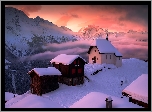 Zima, Góry, Alpy, Domy, Kościółek, Kaplica, Wschód słońca, Szwajcaria