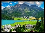 Góry, Alpy, Domy, Wieś Surlej, Jezioro Silvaplanersee, Kanton Gryzonia, Szwajcaria