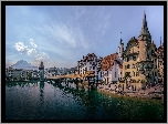 Szwajcaria, Lucerna, Most Kapellbrucke, Rzeka Reuss, Wieża, Góry, Domy