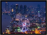 Drapacze, Chmur, Wieżowce, Rzeka, Łodzie, Panorama, Miasta, Noc, Bangkok, Tajlandia