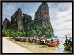 Morze, Plaża, Railay Beach, Skała, Łodzie, Drzewa, Tajlandia