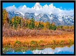Jesień, Park Narodowy Grand Teton, Rzeka, Góry Teton Range, Drzewa, Stan Wyoming, Stany Zjednoczone
