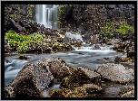 Wodospad Oxararfoss, Park Narodowy Thingvellir, Obszar Þingvellir, Islandia, Rzeka Oxara, Skały, Kamienie, Rośliny