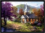 Thomas Kinkade, Kościółek, Góry, Jesień