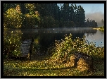 Szkocja, Trossachs, Jezioro, Wieczór, Las, Łódź, Pomost, Zarośla