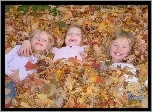 Trzy, Dziewczynki, Jesień, Liście, Śmiech