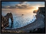 Anglia, Wybrzeże Jurajskie, Morze, Skały, Łuk wapienny, Durdle Door, Brzeg, Wschód słońca