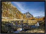 Włochy, Park przyrody Alpe Veglia i Alpe Devero, Rzeka Buscagna, Jesień, Góry, Drewniany, Mostek