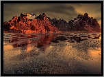 Góra Vestrahorn, Plaża Stokksnes, Islandia, Zachód słońca, Góry