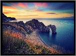 Anglia, Morze, Wybrzeże Jurajskie, Łuk wapienny Durdle Door, Zachód słońca, Skały, Plaża