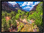 Park Narodowy Zion, Góry Watchman, Drzewa, Chmury, Rzeka Virgin River, Stan Utah, Stany Zjednoczone