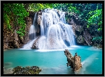 Wodospad, Huay Mae Khamin Waterfall, Skały, Kamienie, Rzeka, Mech, Las, Drzewa, Krzewy, Rośliny, Tajlandia
