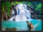 Wodospad, Huay Mae Khamin Waterfall, Skały, Kamienie, Rzeka, Mech, Las, Drzewa, Krzewy, Rośliny, Tajlandia