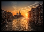 Włochy, Wenecja, Canal Grande, Zachód słońca, Budynki, Łodzie