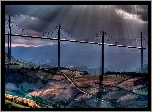 Francja, Millau-Millau, Le Wiadukt Millau, Dolina, Rzeki, Tarn,   Pola uprawne, Wzgórza, Promienie, Słońca