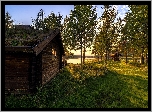 Norwegia, Vestby, Hedmark Fylke, Chata, Jezioro, Poranek, Przebijające Światło