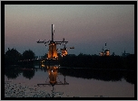 Wiatraki, Most, Rzeka, Noc, Holandia