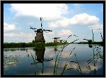 Wiatraki, Nad Rzeką, Obłoki, Rośliny, Odbicie