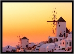 Wiatraki, Domy, Santorini, Grecja, Zachód, Słońca