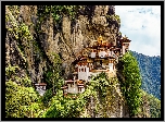 Świątynia, Paro Taktsang, Góry, Skały, Drzewa, Bhutan