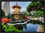 Świątynia, Golden Pavilion Chi Lin Nunnery Temple, Ogród, Chi Lin Nunnery, Staw, Most, Diamond Hill, Hongkong, Chiny
