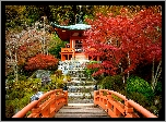 Japonia, Kioto, Świątynia, Bentendo Temple, Kompleks Daigo-ji, Drzewa, Mostek, Jesień