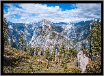 Widok, Punkt widokowy Glacier Point, Dolina, Yosemite Valley, Góry, Sierra Nevada, Szczyt Half Dome, Drzewa, Sosny, Park Narodowy Yosemite, Kalifornia, Stany Zjednoczone