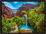 Stany Zjednoczone, Arizona, Park Narodowy Wielkiego Kanionu, Wielki Kanion Kolorado, Skały, Drzewa, Wodospad, Havasu Falls