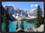Kanada, Park Narodowy Banff, Góry, Lasy, Jezioro Moraine, Skały, Świerki