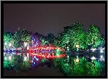 Wietnam, Hanoi, Rzeka, Mostek, Drzewa, Noc