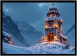 Zima, Wieża, Latarnie, Góry, Chmury