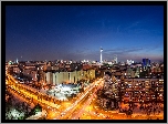 Wieża, Domy, Ulice, Berlin, Noc, Panorama
