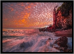 Morze, Victoria Beach, Wieża, Pirate Tower, Klif, Skały, Zachód słońca, Kalifornia, Stany Zjednoczone