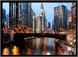 Wieżowce, Most, Rzeka, Chicago, USA