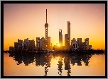 Chiny, Szanghaj, Pudong, Rzeka, Hangpu, Wieżowce, Oriental Pearl Tower, Zachód Słońca