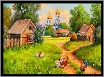Wioska, Domy, Kościół, Dróżka