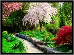 Wiosna, Park, Alejka, Kwitnące, Drzewa, Krzewy