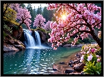 Wiosna, Wodospad, Rzeka, Las, Kwitnące, Drzewa, Zachód słońca, Grafika AI