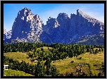 Włochy, Góry, Sassolungo, Dolomity, Płaskowyż, Seiser Alm, Domy, Drzewa