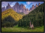 Włochy, Dolina Val di Funes, Góry, Dolomity, Masyw Odle, Kościół św. Jana, Chmury