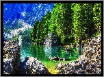 Włochy, Region Trydent-Górna Adyga, Jezioro Braies - Pragser Wildsee, Skały, Jezioro, Góry, Lasy