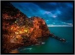 Włochy, Manarola, Morze, Noc, Domy