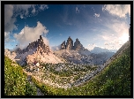 Włochy, Południowy Tyrol, Dolomity, Góry Paterno, Szczyt Tre Cime di Lavaredo, Schronisko Dreizinnenhütte, Dom, Chmury, Wschód słońca, Roślinność