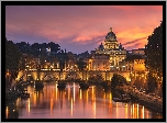 Włochy, Watykan, Rzeka Tyber, Most Ponte Umbert, Bazylika Świętego Piotra, Światła, Zachód słońca